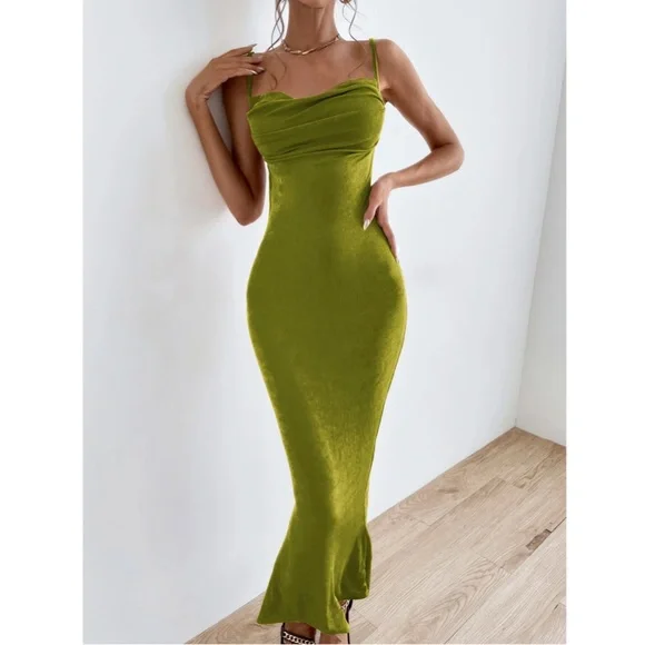 Backless Green Cowl Neck Long Slim Dress - Picture 6 of 15